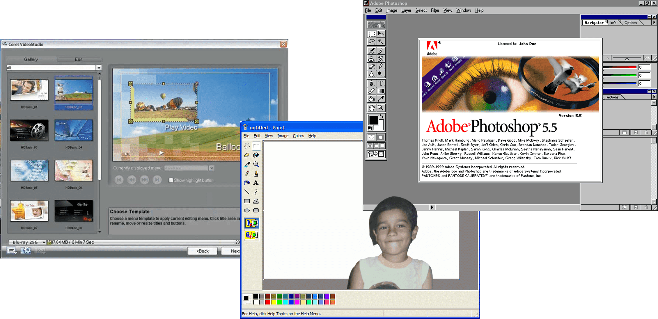 Early design tools — Corel, Photoshop and video editing software