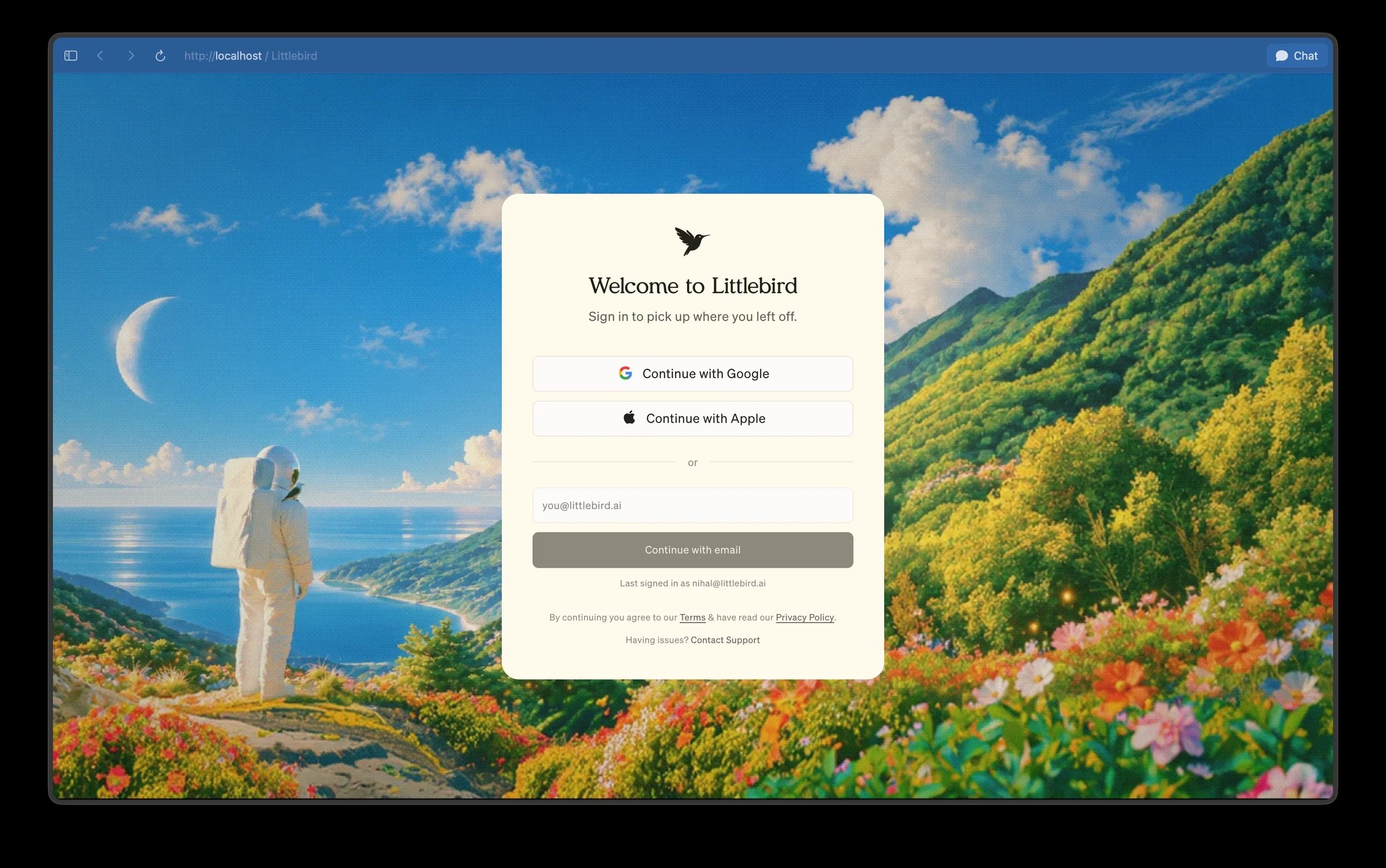 The sign-in card over the astronaut landscape