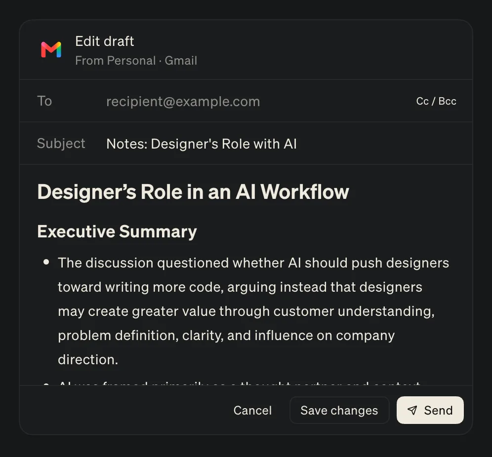 Email draft composer in chat